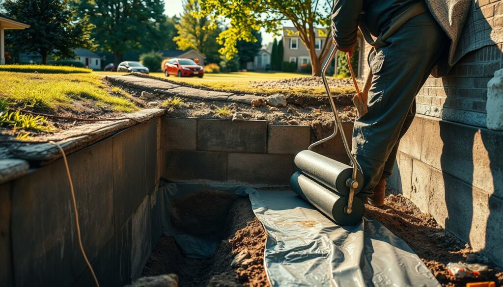 A detailed exterior waterproofing scene showcasing the process of sealing a basement from the outside. In the foreground, a worker is applying a thick, waterproof membrane to the exposed concrete foundation using a specialized roller. The middle ground depicts the excavation around the basement, revealing the damp, crumbling concrete walls in need of repair. In the background, lush greenery and a picturesque suburban setting provide context. Warm, directional lighting casts long shadows, emphasizing the textural details of the materials. The overall mood is one of diligent, professional-grade waterproofing, conveying the importance of proper basement sealing to prevent water intrusion.
