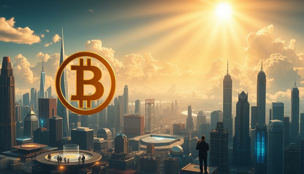 A detailed, futuristic landscape depicting the potential trends and evolution of Bitcoin. In the foreground, a sleek, holographic Bitcoin symbol hovers above a bustling, high-tech cityscape, with skyscrapers and gleaming towers reaching towards the sky. The middle ground features a diverse array of people utilizing advanced, cryptocurrency-powered technologies, such as blockchain-based transactions and smart contracts. In the background, rays of golden light pierce through wispy, ethereal clouds, creating an atmosphere of hope and innovation. The scene is bathed in a warm, optimistic glow, conveying a sense of the bright future of Bitcoin and the broader cryptocurrency landscape.