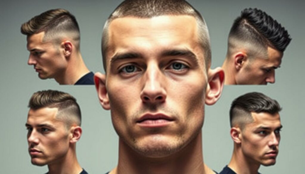 A detailed portrait of various buzz cut hairstyles, showcasing their distinctive features and versatility. Centered in the frame, a male model displays a collection of classic and contemporary buzz cut variations - from a close-cropped military cut to a textured, tapered fade. Bright, directional lighting accentuates the clean lines and contours of each style, set against a neutral, slightly blurred background that allows the hairstyles to take center stage. The overall mood is sleek, modern, and showcases the timeless appeal of the buzz cut as a versatile, masculine, and low-maintenance haircut option.