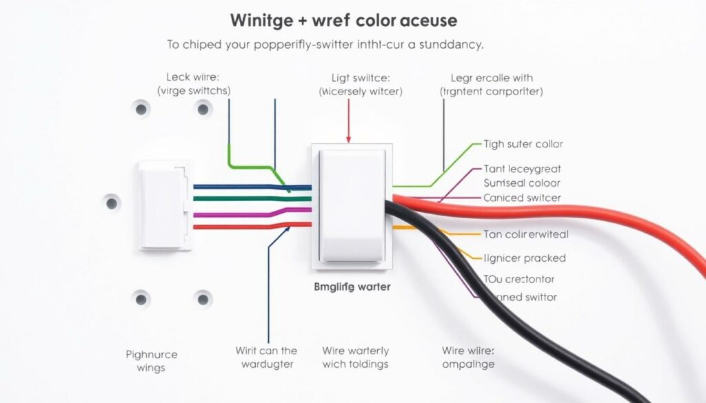A detailed technical diagram showing the color-coded wiring connections for a standard light switch, in accordance with DIN VDE (German Electrical Engineering Association) standards. The diagram is rendered in a clean, technical style with precise labeling of the wire colors and their corresponding functions. The image has a neutral, informative tone, designed to clearly illustrate the key information needed to properly wire a light switch. The overall composition is well-balanced, with the wiring diagram taking up the majority of the frame and no extraneous elements or distractions.