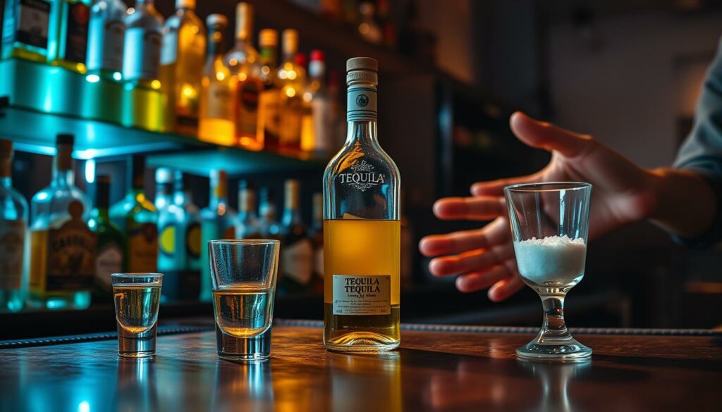 A dimly lit bar counter, with various bottles of tequila lining the shelves. On the counter, a few common mistakes are depicted - an overly-filled shot glass, a bottle with an unsealed cap, and a glass with salt and lime, representing the common but incorrect accompaniments. The bartender's hands are visible, gesturing towards the mistakes, illuminated by a warm, amber-toned spotlight. The overall atmosphere evokes a cautionary tale, encouraging the viewer to be mindful when selecting and enjoying their tequila.