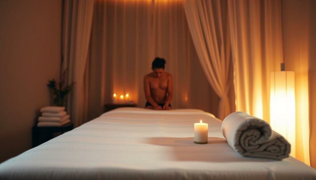 A dimly lit bedroom, soft ambient lighting casts a warm glow. In the foreground, a massage table is draped in crisp white linens, flanked by towels, oils, and scented candles arranged with care. The middle ground features a person kneeling, preparing the massage area, their movements graceful and focused. The background is hazy, evoking a sense of intimacy and relaxation. The overall atmosphere is one of quiet anticipation, where every detail has been thoughtfully considered to create the perfect setting for an erotic Nuru massage.