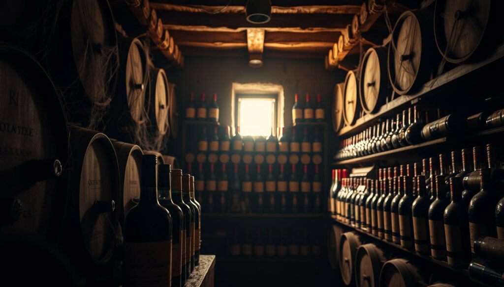 A dimly lit cellar, adorned with cobweb-draped oak barrels and shelves lined with dusty bottles. Sunlight filters through a small window, casting a warm glow on the rare, meticulously preserved vintages. The foreground showcases a select few bottles, their labels faded yet prominent, hinting at the extraordinary stories they hold. The middle ground presents a collection of these exceptional years, each a testament to the winemaker's craft and the patience of time. In the background, the shadows conceal a vast array of obscure, highly coveted vintages, their value evident in the reverence with which they are displayed. A sense of exclusivity and the passage of time permeates the scene, inviting the viewer to imagine the indulgence and prestige associated with the world's most expensive red wines.