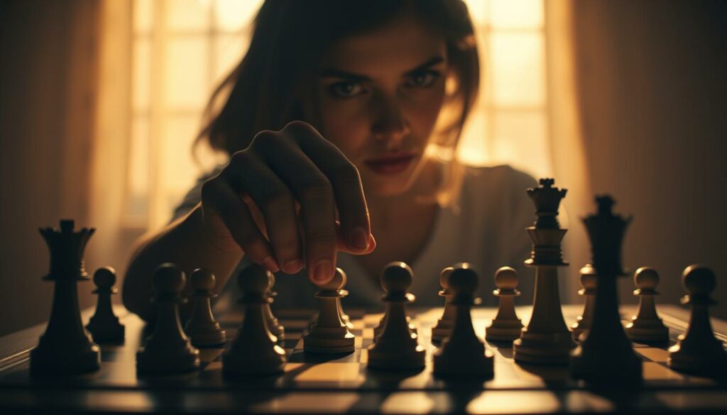 A dimly lit chess board, the pieces casting long shadows across the table. In the foreground, a woman's hand delicately moves a chess piece, her intense gaze fixed on the game. The background is hazy, out of focus, drawing the viewer's attention to the central drama unfolding. Soft, warm lighting filters through a window, illuminating the player's face and creating a sense of contemplation and tension. The composition is balanced, with the chess board and player's hand occupying the center, surrounded by a moody, atmospheric setting that evokes the high-stakes world of competitive chess.