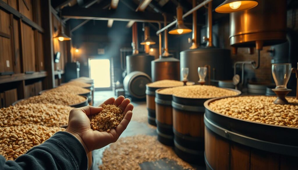 A dimly lit, cozy brewing hall filled with wooden barrels and copper brewing equipment, showcasing the artisanal process of malting. In the foreground, an experienced maltster examines a handful of freshly germinated barley grains, their rich, earthy aroma filling the air. The middle ground features a series of large malting drums, their rotating mechanisms slowly turning the precious grains. In the background, a warm glow emanates from the kiln, where the malted barley is carefully dried, unlocking its complex flavors and colors. The scene conveys the reverence and attention to detail that goes into crafting the vital ingredient for Germany's finest beers.