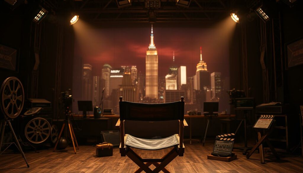 A dimly lit film studio, with a sense of timeless elegance. In the foreground, a director's chair sits center stage, its worn leather and polished brass hinting at a legacy of cinematic storytelling. The middle ground is filled with a tapestry of vintage movie props, from a weathered film reel to a classic clapperboard, each item a testament to the craft of filmmaking. In the background, a massive soundstage backdrop depicts a dramatic, moody cityscape, its towering skyscrapers and neon lights casting a warm, cinematic glow over the entire scene. Soft, directional lighting illuminates the space, creating a sense of depth and atmosphere that evokes the golden age of Hollywood.