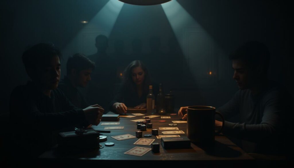 A dimly lit game room, the air thick with anticipation. In the center, a table adorned with playing cards, dice, and other trinkets, setting the stage for the "Truth or Dare" challenge. The background is hazy, with the faint outline of friends gathered around, their faces obscured by shadow, adding to the sense of mystery. The lighting is dramatic, casting long shadows and highlighting the objects on the table, creating a moody, cinematic atmosphere. The camera angle is slightly elevated, giving the viewer a bird's-eye perspective of the scene, as if they're about to partake in the game themselves. The overall tone is one of intrigue and mischief, perfectly capturing the essence of the "Wahrheit oder Pflicht Aufgaben" scenario.