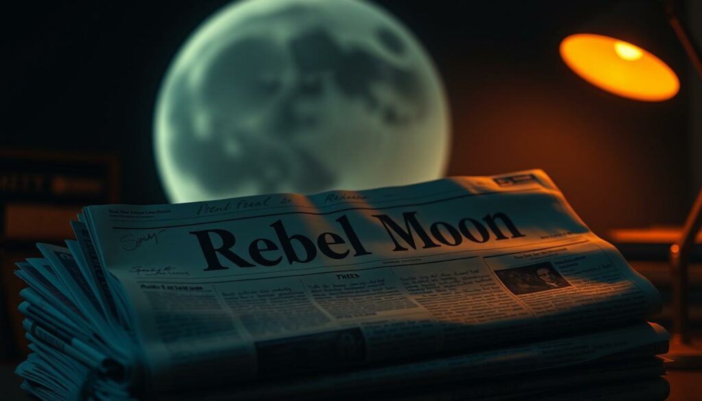 A dimly lit, moody cinematic scene featuring a stack of newspapers and magazines with the title "Rebel Moon" prominently displayed, surrounded by hand-written reviews and critiques scrawled in the margins. In the background, a large crescent moon casts a soft, ethereal glow over the scene, hinting at the space opera theme of the film. The composition is slightly off-center, creating a sense of unease and emphasizing the subjective nature of the critiques. Warm, amber lighting from a single desk lamp illuminates the papers, casting dramatic shadows and textures. The overall mood is contemplative, inviting the viewer to ponder the diverse reactions and interpretations of Zack Snyder's latest sci-fi epic.