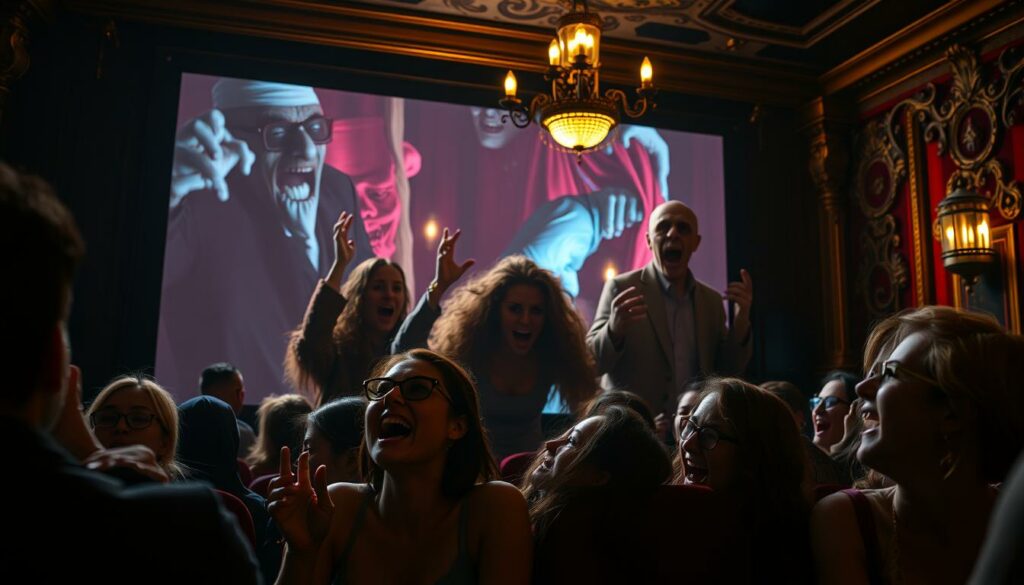 A dimly lit movie theater, the screen flickering with a sinister yet comedic scene. In the foreground, a group of unsuspecting moviegoers recoil in a mix of terror and laughter, their expressions captured by a low-angle shot. The middle ground showcases the larger-than-life horror movie characters, their exaggerated movements and ghoulish features blending seamlessly with slapstick humor. The background reveals the theater's ornate, vintage decor, adding a layer of atmosphere to the eerie yet entertaining setting. The lighting is a mix of warm tones and deep shadows, creating a chiaroscuro effect that heightens the tension and comedy. The overall mood is one of gleeful horror, a perfect blend of the macabre and the absurd.