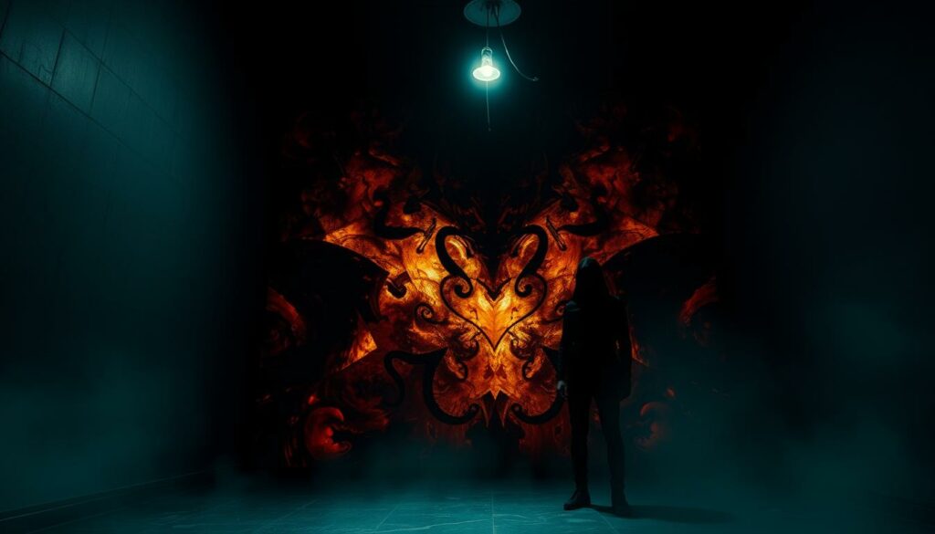 A dimly lit room, the air thick with unease. In the foreground, a lone figure stands, their features obscured by shadows, their gaze unsettling and intense. The middle ground reveals a distorted, fractured reality, where the boundaries between dream and nightmare blur. In the background, a kaleidoscope of unsettling imagery – twisted, contorted shapes, disjointed and unsettling, creating a sense of psychological tension and dread. Overhead, a single, flickering light casts an eerie glow, heightening the sense of unease and the feeling that something sinister lurks just out of sight. The overall mood is one of psychological horror, a haunting and deeply unsettling vision of the human psyche in 2025.