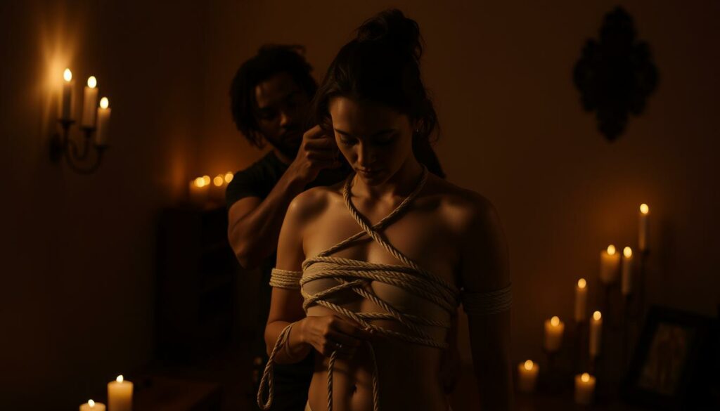 A dimly lit room, the soft glow of candlelight casting shadows on the walls. In the center, a figure is carefully securing ropes around a consenting partner's limbs, ensuring safety and control. The scene exudes an air of sensuality and trust, with attention to detail in the knots and pressure points. The model's face is obscured, emphasizing the intimacy and focus on the physical connection. The background is kept simple, allowing the central tableau to take center stage. Warm tones and a sense of anticipation permeate the atmosphere, conveying the importance of Bondage Sicherheit.