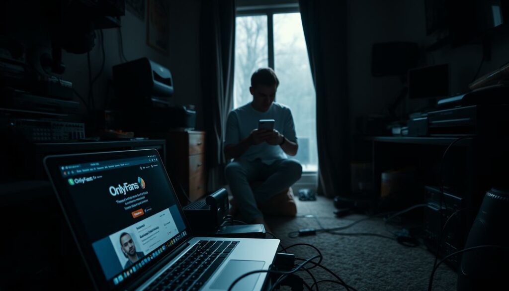 A dimly lit studio apartment, the chiaroscuro lighting casting long shadows across the cluttered space. In the foreground, a laptop sits open, its screen displaying the OnlyFans platform, while various electronic devices and cables clutter the surrounding area. The middle ground reveals a figure, their face obscured, anxiously scrolling through their phone, weighing the risks and challenges of content creation on the platform. The background is hazy, suggesting the mental and emotional weight of navigating this digital landscape. The overall mood is one of uncertainty, stress, and the pressures faced by those seeking to build a career on OnlyFans.