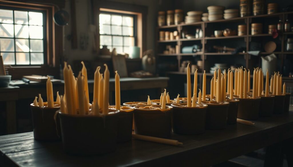 A dimly lit workshop interior, wooden workbench in the foreground. On the bench, an array of wax-filled molds, taper candles in various stages of the dipping process. Soft natural light filters in through a window, casting warm shadows across the scene. In the background, shelves stocked with wax, wicks, and candle-making tools. The atmosphere is cozy, inviting the viewer to imagine the process of crafting thin, elegant candles through the centuries-old technique of candle pulling. Muted, earthy tones predominate, reflecting the handmade, artisanal nature of the activity. Subtle details like dripping wax and delicate wicks emphasize the care and skill required.