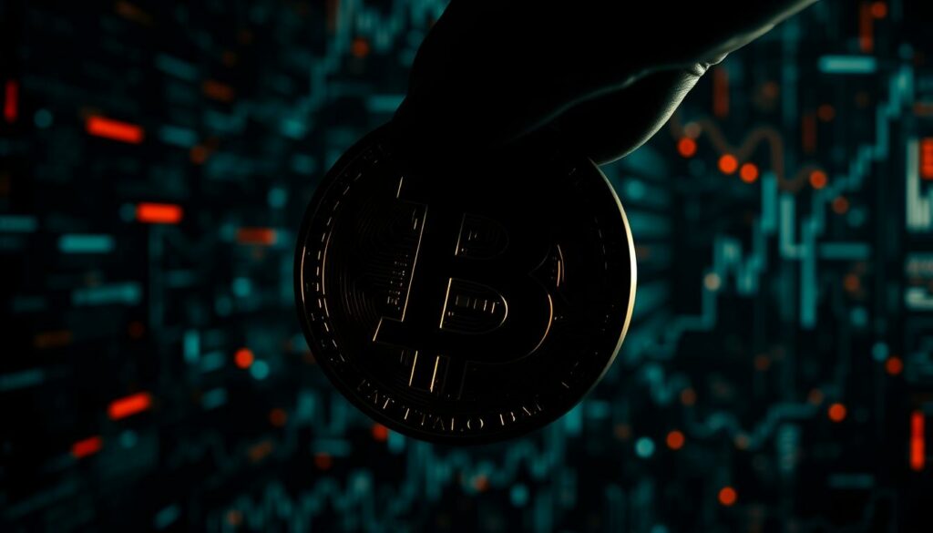 A dramatic close-up of a Bitcoin symbol, cast in dark, ominous shadows, symbolizing the risks and dangers associated with cryptocurrency trading. The background is a chaotic swirl of glitching digital artifacts, representing the volatility and unpredictability of the market. The lighting is low-key, creating a sense of unease and foreboding. The overall composition conveys a sense of peril and the need for caution when navigating the Bitcoin ecosystem.