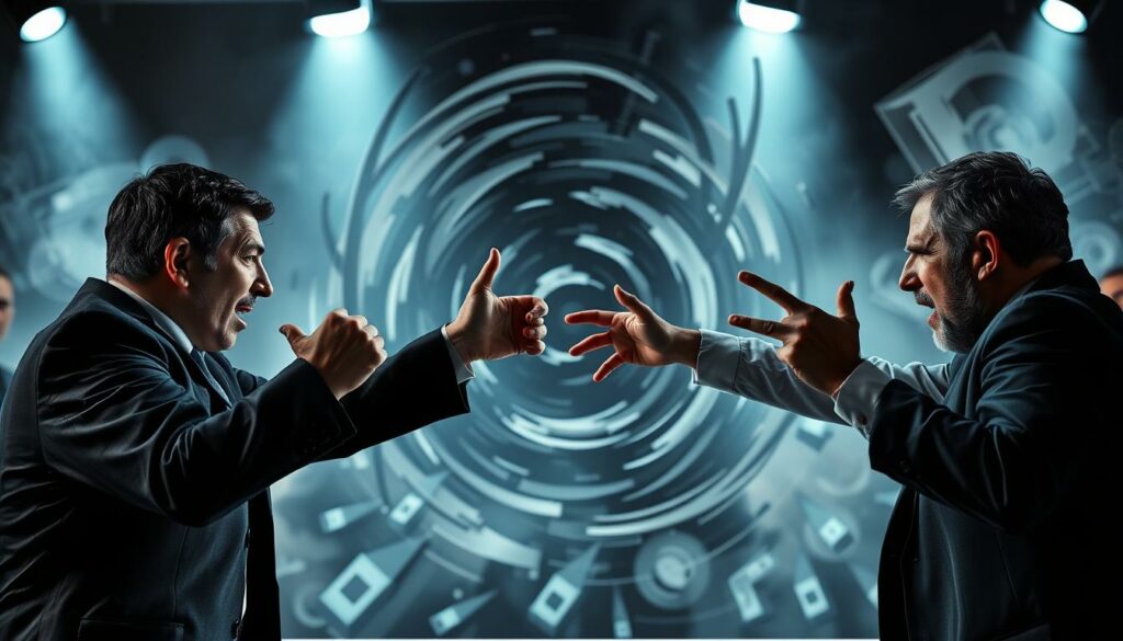 A dramatic scene of clashing forces and opposing viewpoints. In the foreground, figures locked in fierce debate, gesticulating passionately. Their expressions convey a sense of challenge and controversy. In the middle ground, a swirling backdrop of abstract shapes and lines, symbolizing the complexities and nuances of the issues at hand. The lighting is dramatic, with stark contrasts and shadows, heightening the tension. The overall atmosphere is one of intensity, dynamism, and the clash of ideas. The image evokes the sense of a pivotal moment, where differing perspectives collide and must be reconciled.