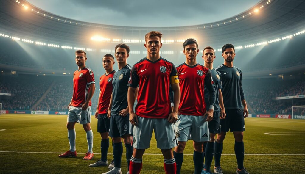 A dynamic, cinematic scene depicting the comparison of Bundesliga talents. In the foreground, a group of young, talented soccer players, each with a unique style and skill set, stand side by side, their expressions intense and determined. The middle ground showcases a lush, verdant soccer pitch, with crisp, clean lines and a sense of movement captured through the players' actions. In the background, the iconic Bundesliga stadium looms, its towering grandstands and bright lights creating a sense of energy and anticipation. The lighting is dramatic, with warm tones illuminating the players' faces and casting long shadows, emphasizing their athleticism and prowess. The overall composition is balanced and visually striking, capturing the essence of the next generation of Bundesliga stars.