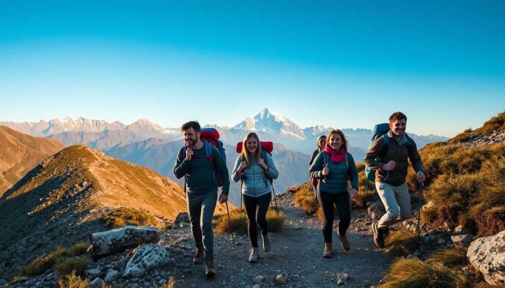 A family of hikers trekking up a rugged mountain trail, backpacks laden with supplies. The sun casts a warm glow over the scene, illuminating the rocky terrain and lush alpine vegetation. In the distance, towering snow-capped peaks rise majestically against a clear blue sky. The hikers' expressions are filled with a sense of adventure and togetherness, their steps steady and determined as they ascend the winding path. The sound of laughter and the crunch of boots on gravel echoes through the peaceful mountain air, creating a serene and invigorating atmosphere.