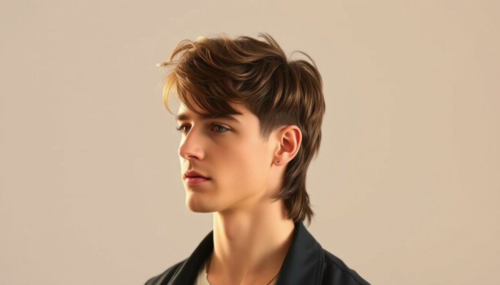 A fashionable man with a classic mullet hairstyle, featuring short cropped sides and a long, wavy tail in the back. Styled with a modern, textured look, the hair falls naturally and frames the face in a flattering way. Lit by soft, warm lighting from the side, highlighting the dimensional layers and movement of the hair. The man's expression is confident and stylish, embodying the enduring cool factor of the mullet as a retro-inspired yet contemporary look. Set against a minimalist, neutral background that allows the hairstyle to be the focal point.