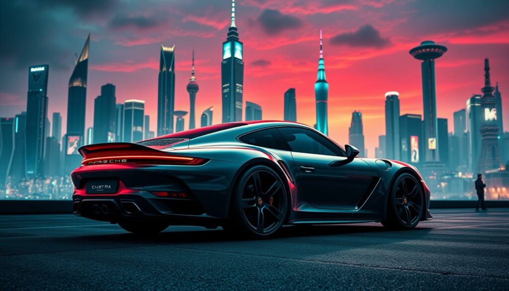 A futuristic Porsche 911 in a sleek, aerodynamic design sits prominently in the foreground, its lines and curves hinting at advanced engineering. In the middle ground, a sprawling metropolis of towering skyscrapers and hover vehicles reflects the car's advanced technology. The background fades into a vibrant, neon-tinged sky, with hints of holographic displays and glowing billboards, creating an immersive, cyberpunk-inspired atmosphere. The lighting is dramatic, with sharp contrasts between the vehicle's glossy surfaces and the surrounding environment. The camera angle is low, lending a sense of power and presence to the 911, as if it is poised to surge forward into the future.