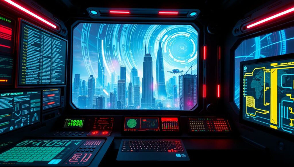 A futuristic, high-tech computer interface with a pulsing grid of digital code cascading across multiple screens. In the foreground, a sleek control panel with various holographic displays and blinking indicators. The middle ground features a futuristic cityscape with towering skyscrapers and hovering vehicles, all bathed in a neon-tinged, cyberpunk-inspired color palette. The background is a swirling vortex of temporal distortions, hinting at the film's time travel narrative. The overall atmosphere is one of technological sophistication, scientific inquiry, and a sense of the unknown, capturing the essence of the "Source Code" film.