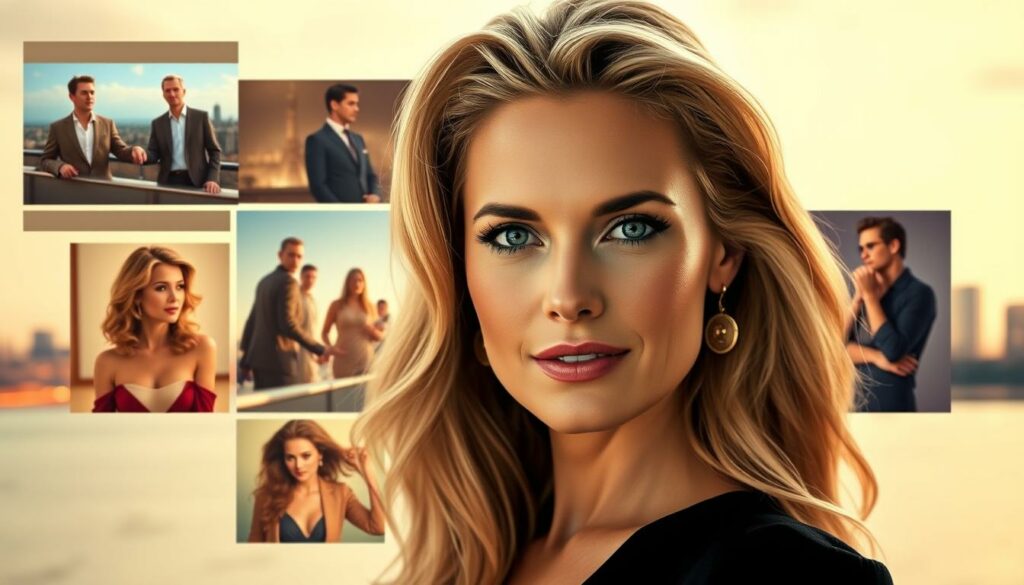 A glamorous headshot of Jeanette Biedermann, the renowned German actress and singer, set against a backdrop of her career highlights. The portrait has a cinematic, high-contrast lighting, with warm hues accentuating her radiant features. In the middle ground, vignettes from her acclaimed roles in television shows and films, as well as her chart-topping music releases, are artfully arranged. The background features a soft, blurred cityscape, alluding to the international scope of her illustrious career. The overall composition conveys a sense of Biedermann's multifaceted talents and the tremendous success she has achieved in the entertainment industry.