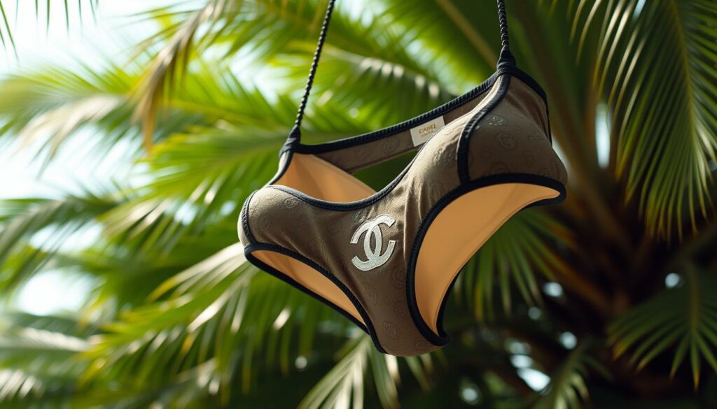 A glamorous, high-fashion Chanel bikini floating against a lush, tropical backdrop. Claudia Schiffer's iconic silhouette subtly visible, capturing the essence of the legendary swimsuit's history. Soft, diffused lighting illuminates the luxurious fabric, its intricate details and signature logo shimmering. The scene evokes a sense of timeless elegance, a nod to the Chanel brand's enduring style and influence on swimwear design. Captured through a medium-wide lens, the image offers a balanced, visually striking composition that showcases the swimsuit's allure and legacy.