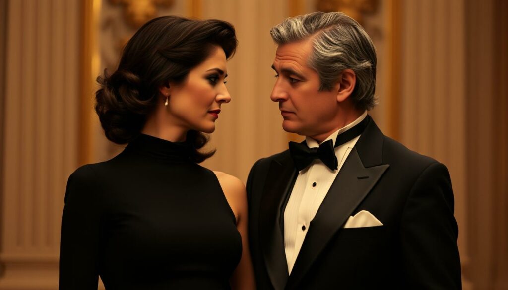A glamorous high-society couple stand together, Patrizia Reggiani's elegant black dress and Maurizio Gucci's dapper tuxedo creating an air of sophistication. Soft, warm lighting casts a romantic glow, highlighting their pensive expressions as they gaze into each other's eyes. The background is blurred, drawing the viewer's focus to the tragic lovers at the center of the frame. The composition conveys a sense of intimacy and melancholy, hinting at the tumultuous relationship and tragic fate that would befall this once passionate pair.