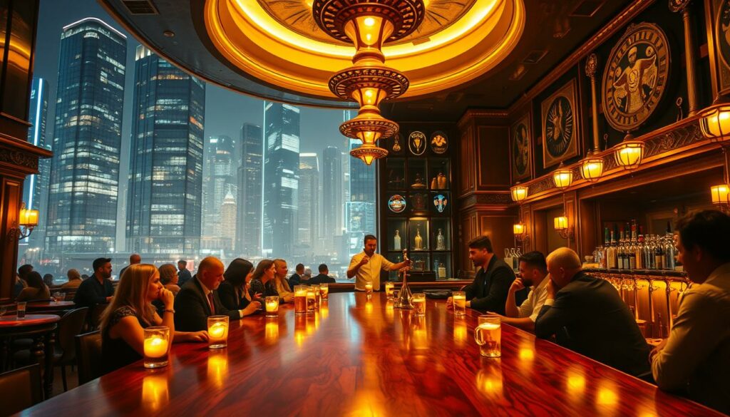 A grand, ornate beer hall set against the backdrop of a futuristic German cityscape. In the foreground, a group of friends gathered around a long, polished wooden table, their faces illuminated by the warm glow of candles and the gleam of freshly poured golden lagers. In the middle ground, the bartender stands behind a gleaming brass bar, skillfully pouring the latest creation from a row of taps. The background is dominated by towering glass skyscrapers, their sleek facades reflecting the vibrant nightlife below. The scene exudes a sense of timeless tradition blended with cutting-edge modernity, capturing the enduring spirit of German beer culture in the years to come.