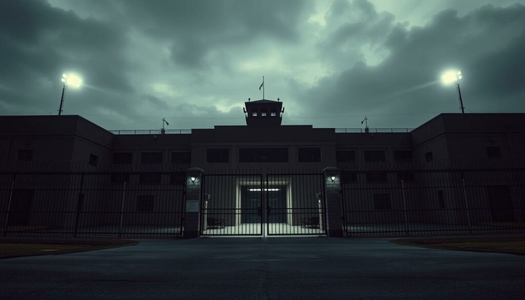A grim, imposing facade of the Columbia Correctional Institution, its stern architecture and high walls casting ominous shadows. The entrance gates loom like sentinels, guarding the confines of this foreboding prison. Razor-wire adorns the perimeter, a stark reminder of the harsh realities within. Harsh floodlights illuminate the scene, lending an eerie, foreboding atmosphere. The sky is a muted, slate-gray, adding to the oppressive, joyless mood. This is the setting for the final chapter in the story of Jeffrey Dahmer, the notorious serial killer, as he faces the consequences of his heinous crimes.