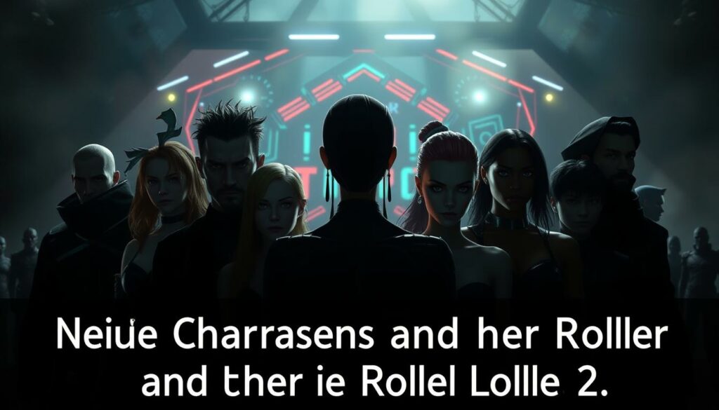 A group of diverse and captivating new characters stand prominently in the foreground of a dark, moody scene. Dramatic low-key lighting casts dramatic shadows, emphasizing their striking features and intense expressions. In the middle ground, the iconic Squid Game arena looms ominously, its geometric shapes and vibrant colors creating a sense of unease. The background is shrouded in a hazy, ominous atmosphere, hinting at the high-stakes drama and perilous challenges that await these new participants. The overall composition conveys a palpable sense of tension and foreboding, perfectly capturing the essence of "Neue Charaktere und ihre Rollen" in Squid Game Staffel 2.