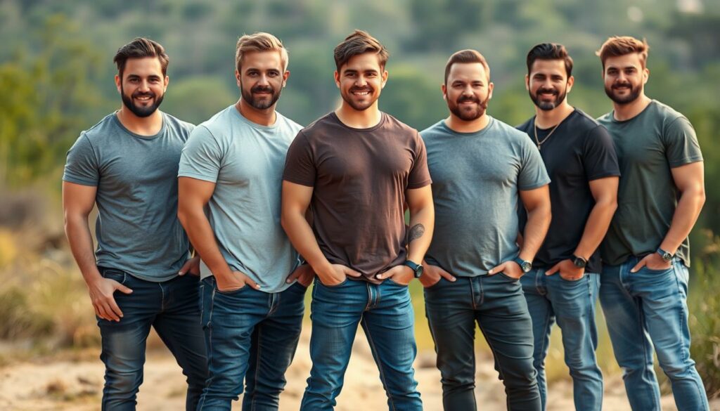 A group of male celebrities with a casual, relaxed appearance, embodying the "dad bod" trend. They are shown in a natural, outdoor setting with soft, flattering lighting that highlights their relaxed, confident demeanor. The subjects are positioned in the foreground, with a blurred, natural background providing a sense of place. The models have an array of body types, from athletic to slightly fuller figures, showcasing the diverse appeal of the dad bod aesthetic. Their outfits are stylishly casual, such as t-shirts, jeans, and sneakers, emphasizing their laidback style. The overall mood is one of approachability, comfort, and a touch of rugged charm.