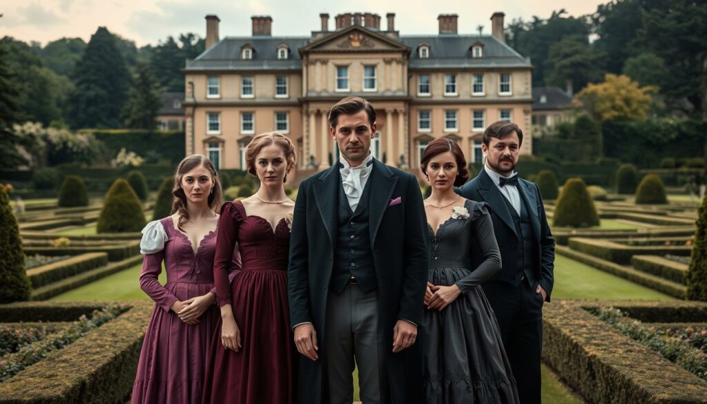 A group portrait of the main characters in the Netflix series Bridgerton, set against a lush, aristocratic backdrop. In the foreground, the Bridgerton siblings - Daphne, Eloise, Francesca, Gregory, Hyacinth, and their elder brother Anthony - stand elegantly in their finest Regency-era attire, exuding a sense of refined nobility. Behind them, the stately Bridgerton manor looms, its grand architecture and manicured gardens creating an opulent, period-appropriate setting. Soft, warm lighting casts a gentle glow, highlighting the characters' regal features and the sumptuous details of their costumes. The overall mood is one of grandeur, tradition, and the anticipation of the events to unfold in the upcoming third season of the beloved historical drama.