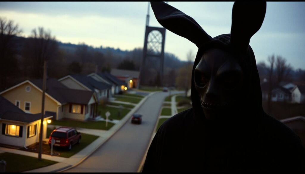 A haunting, moody scene of the cult classic film "Donnie Darko." In the foreground, the film's protagonist, Donnie, stands shrouded in a dark, rabbit-like mask, his expression pensive and unsettling. Behind him, the suburban landscape of 1980s America unfolds, bathed in an eerie, dreamlike light. In the distance, the towering presence of the Cellar Door looms, a symbol of the film's surreal, time-bending narrative. The overall atmosphere is one of brooding mystery and underlying dread, capturing the essence of this seminal work of cinematic surrealism.