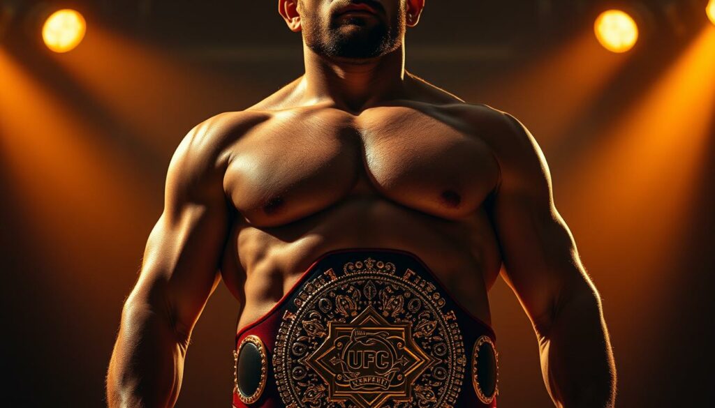 A heavyweight champion stands tall, his muscular frame draped in a golden championship belt. The lighting is warm and dramatic, casting deep shadows that accentuate the contours of his chiseled physique. The belt's intricate design gleams under the spotlight, a symbol of his hard-earned mastery in the ring. The background is blurred, keeping the focus on the champion and his prized possession. The atmosphere is one of triumph and pride, reflecting the culmination of years of dedication and perseverance. This is the embodiment of Rico Verhoeven's title reign, a testament to his dominance in the world of combat sports.