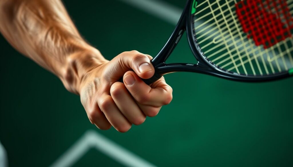 A high-angle, close-up view of a tennis player's hand demonstrating the "Aufschlag Technik" or serving technique. The hand grips the tennis racket firmly, with the fingers curled around the handle and the thumb extended along the frame. The player's arm is in a fully extended, high-arching serve motion, the racket head poised just before the ball's release. The image captures the precise, focused movements and tension of the serve, with a dramatic, near-cinematic lighting that accentuates the musculature and technique. The background is blurred, keeping the viewer's attention on the central action, conveying a sense of power, control, and the precise mechanics of the advanced tennis serve.