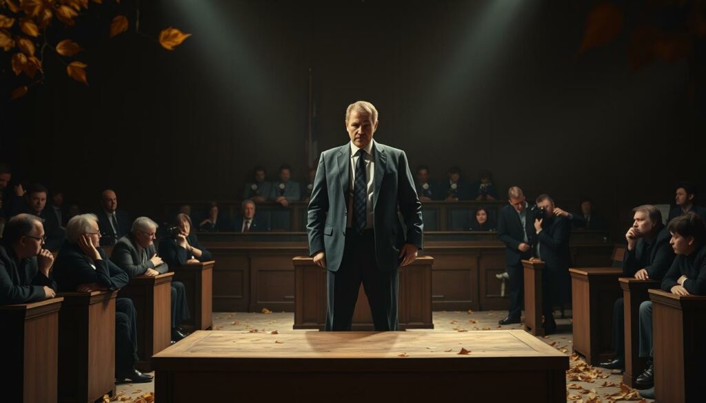 A high-contrast courtroom scene set in autumn, with a focus on a central figure standing at the defendant's podium. The room is filled with shadows and dramatic lighting, creating an intense and tense atmosphere. The defendant, Jörg Kachelmann, is depicted in a tailored suit, his expression somber and determined. In the background, reporters and spectators fill the benches, their faces obscured in the shadows. Fallen leaves and a muted color palette evoke the gravity and significance of the "Kachelmann Prozess" that shook Germany. The overall composition conveys the weight and drama of this pivotal moment in the public figure's life.
