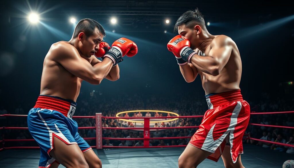 A high-intensity Muay Thai gala unfolds in a dimly lit arena, the atmosphere charged with anticipation. In the foreground, two fighters in red and blue shorts engage in a fierce exchange of strikes, their bodies twisting and contorting with each thunderous impact. Sweat glistens on their brows as they push the limits of their endurance. In the middle ground, a ring surrounded by a sea of spectators, their faces alight with excitement, cheering on the combatants. The background is shrouded in shadows, save for the bright spotlights that illuminate the action, casting dramatic shadows that accentuate the power and grace of the Muay Thai techniques. The image conveys the intensity, discipline, and passion at the heart of this ancient martial art.