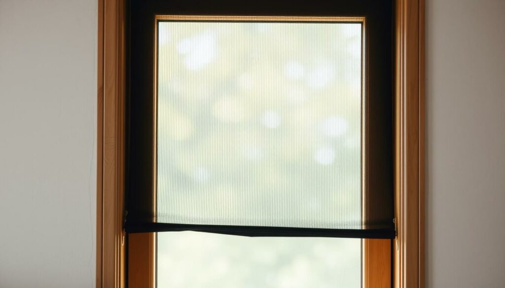 A high-quality, modern fly screen in a window frame, casting a warm, soft light. The screen is made of fine, black mesh material that effectively blocks insects from entering the room. The window frame is made of a light-colored wood, adding a natural, rustic charm to the scene. The lighting is diffused and gentle, creating a cozy, inviting atmosphere. The fly screen is tension-mounted, ensuring a tight, secure fit that prevents gaps or openings. The entire composition evokes a sense of peace and tranquility, with the fly screen serving as a practical yet stylish barrier against pesky insects.