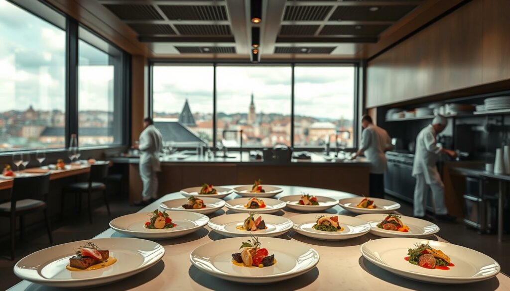 A high-resolution, photorealistic image of the influential impact of Noma, the renowned Copenhagen restaurant, on the global culinary landscape. The foreground depicts a meticulously arranged, multi-course tasting menu showcasing Noma's signature Nordic cuisine, featuring seasonal, foraged ingredients artfully presented on minimalist white plates. The middle ground reveals the bustling, open-kitchen environment of Noma, with chefs in crisp white uniforms meticulously preparing each dish. In the background, a panoramic view of Copenhagen's historic cityscape serves as a backdrop, highlighting the restaurant's deep connection to its local environment. The overall scene exudes a sense of culinary innovation, attention to detail, and the profound influence Noma has had on redefining the boundaries of fine dining.