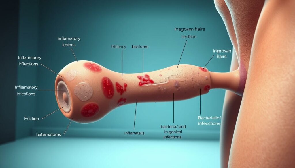 A highly detailed, medically accurate illustration of various causes of genital skin irritations in men. The foreground depicts a close-up view of the penis and surrounding area, showing different types of inflammatory lesions and rashes. The middle ground highlights key anatomical structures and labels common irritants like friction, ingrown hairs, and bacterial/fungal infections. The background provides a clinical, neutral setting with subtle lighting to emphasize the subject matter. The overall mood is informative and scientific, conveying the importance of understanding these intimate health issues. Rendered in a photorealistic style with a sense of depth and technical precision.