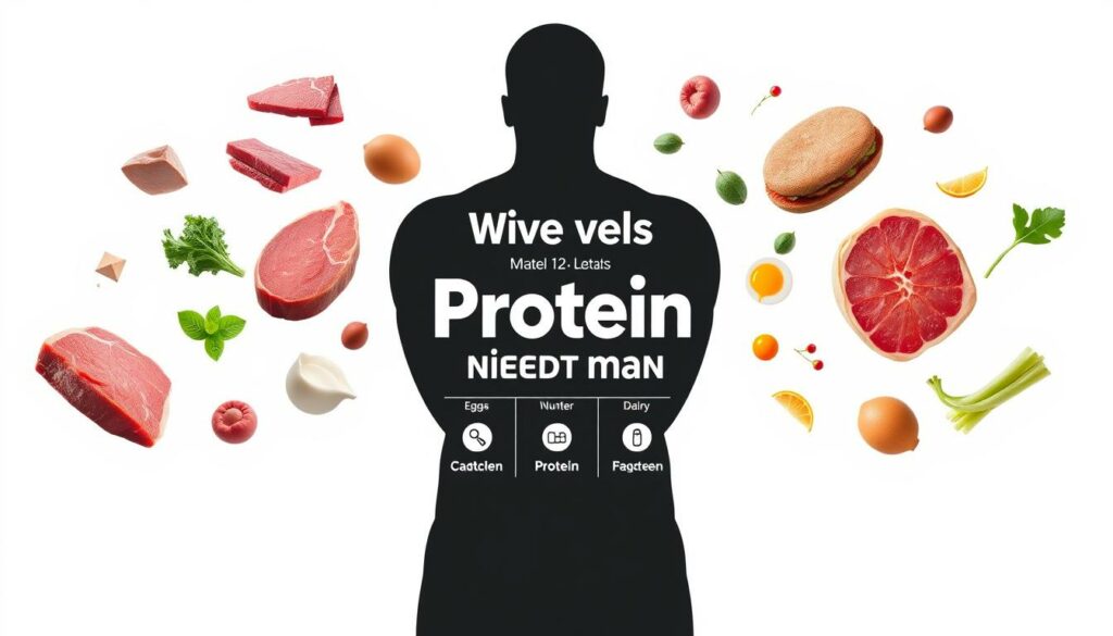 A highly detailed, photorealistic image of a person's protein intake requirements, depicted as a stylized infographic on a minimalist white background. The foreground features a sleek, modern silhouette of a person's upper body, with various nutrient-dense food items such as meat, eggs, dairy, and leafy greens floating around them. The middle ground showcases a dynamic, data-driven visualization of the person's personalized protein needs, expressed through bold, clean typography and crisp, intuitive iconography. The background maintains a clean, uncluttered aesthetic, allowing the central elements to take visual prominence and convey the informative, educational nature of the subject matter. The overall mood is one of precision, clarity, and visual appeal, designed to effectively communicate the key concepts of "Wie viel Protein braucht man?" to the viewer.