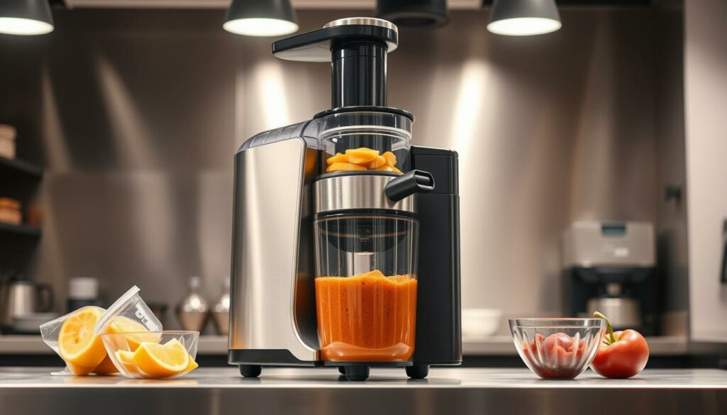 A large, commercial-grade juicer stands prominently on a stainless steel countertop, its sleek, brushed metal exterior gleaming under bright overhead lighting. The juicer's wide feed chute accommodates whole fruits and vegetables, while a powerful motor effortlessly extracts their nutrient-rich juices into a large collection jug below. The juicer's robust design and sizable capacity suggest it is well-suited for high-volume juice production, ideal for cafes, juice bars, or busy households. The scene conveys a sense of efficiency and functionality, highlighting the juicer's ability to handle the demands of large-scale juicing tasks.