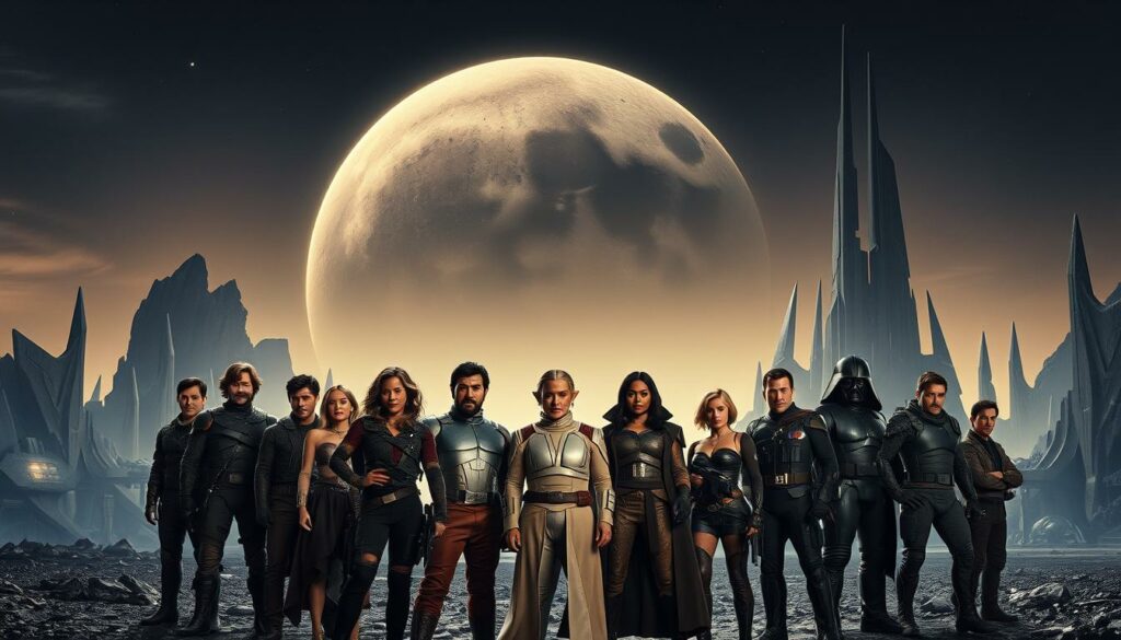 A large, dramatic sci-fi landscape, with a massive, rocky, moonlit planet dominating the sky. In the foreground, the main cast of Rebel Moon stands together, their costumes and expressions conveying the epic, adventurous tone of the film. Soft, dramatic lighting illuminates their faces, highlighting the diverse, talented ensemble. The background features a futuristic, alien cityscape, with tall, angular spires and structures glowing in the moonglow. A sense of grandeur, scale, and cinematic wonder permeates the scene, capturing the scope and ambition of Zack Snyder's space opera.