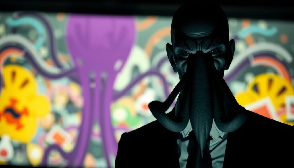 A large, imposing figure in a dark, ominous suit stands in the foreground, casting a long, foreboding shadow. Behind it, a blurred, chaotic scene of colorful, distorted shapes and lines, suggesting the disappointment and disarray of Squid Game Season 2. The lighting is dramatic, with harsh shadows and muted, almost monochromatic tones, creating a sense of unease and disillusionment. The composition is balanced, with the central figure commanding attention, while the background hints at the underlying issues that have led to the critical reception of the new season. The overall mood is one of discontent and dissatisfaction, reflecting the "Kritikpunkte" or criticisms that have been leveled at the show's second installment.