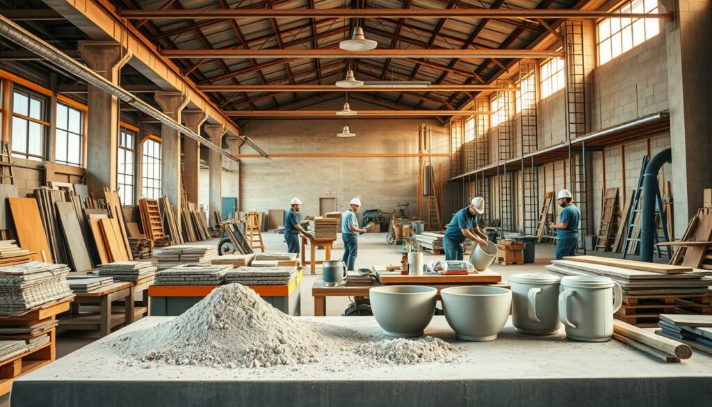 A large, well-lit workshop interior with various construction materials and tools prominently displayed. In the foreground, a worktable showcases different applications of cement mortar, including masonry, plastering, and grouting. The middle ground features workers demonstrating the mixing and application of the mortar, while the background depicts a construction site with ongoing projects. The lighting is natural, with warm tones reflecting the industrial setting. The overall atmosphere conveys the versatility and importance of cement mortar in various construction and renovation tasks.