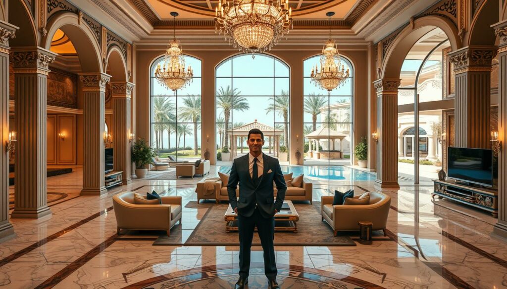 A lavish villa in the heart of Riyadh, Saudi Arabia, where Cristiano Ronaldo resides. The opulent mansion features a grand entryway with intricate arches and ornate columns, leading to a sprawling interior adorned with exquisite marble floors and designer furnishings. Gleaming crystal chandeliers illuminate the space, casting a warm glow over the expansive living room with plush sofas and a massive flat-screen TV. Through the floor-to-ceiling windows, a lush, manicured garden comes into view, complete with a sparkling swimming pool and a picturesque gazebo. Ronaldo, dressed in a tailored suit, stands amidst this luxurious setting, epitomizing the lavish lifestyle he enjoys in the Kingdom.