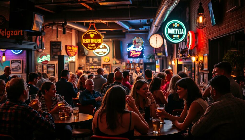 A lively evening scene in the heart of Hamburg's vibrant bar district. In the foreground, a group of friends gather around a dimly lit table, drinks in hand, immersed in conversation. The middle ground features a bustling crowd, bodies moving to the rhythmic beats of a live band playing on a small stage. The background is a collage of neon-lit signs, exposed brick walls, and vintage décor, creating an inviting and atmospheric ambiance. Warm lighting casts a cozy glow, while the occasional flash of a camera shutter captures the energy of the moment. An alluring mixture of laughter, music, and the clinking of glasses fills the air, setting the stage for a night of carefree revelry.