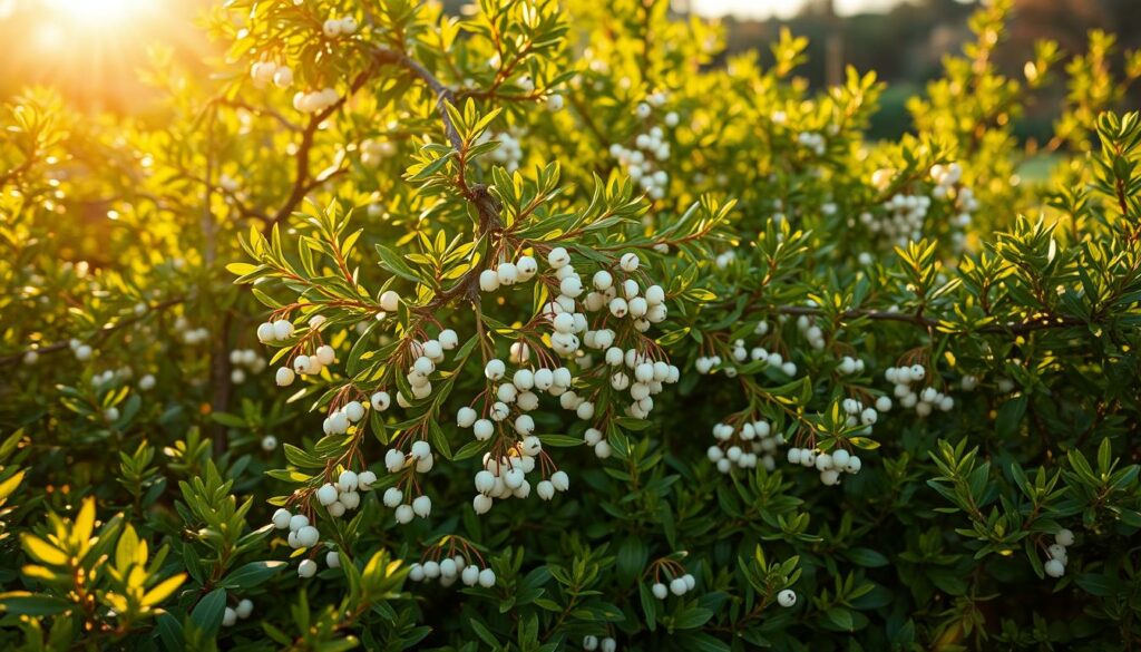 A lush garden filled with the delicate and verdant foliage of mistletoe branches. The sun's golden rays filter through the leaves, casting a warm, natural glow upon the scene. Clusters of the iconic white berries adorn the branches, their waxy sheen glistening in the soft light. The mistletoe is carefully placed among the other plants, seamlessly blending into the vibrant, well-tended garden. The composition is balanced, with the mistletoe drawing the eye without overwhelming the frame. The overall mood is one of tranquility and natural beauty, inviting the viewer to appreciate the elegance of this iconic holiday plant in its lush, outdoor setting.