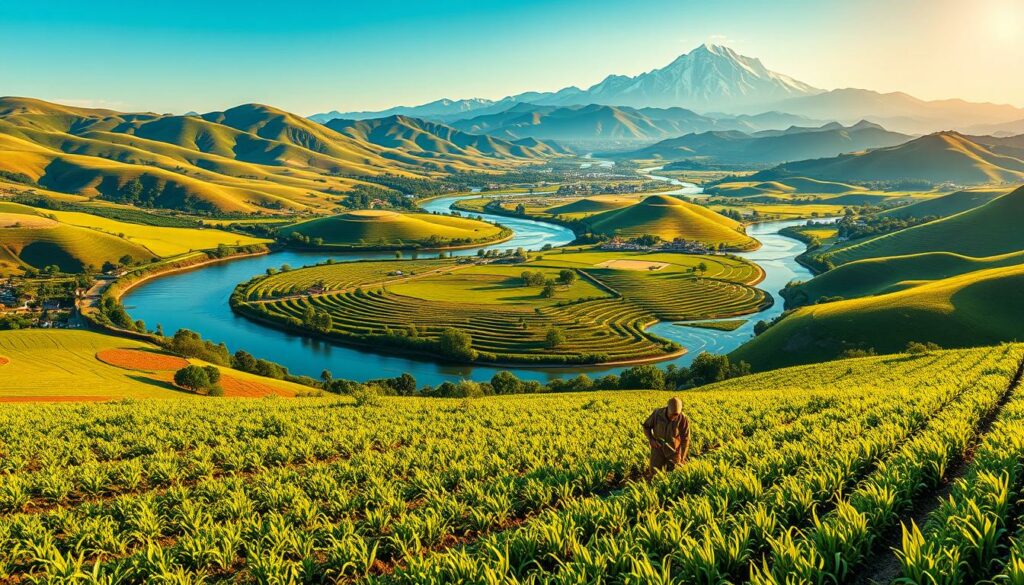 A lush, verdant agricultural landscape, with rolling hills and a winding river cutting through the center. In the foreground, a farmer tending to a field of thriving crops, meticulously irrigating the soil with water channeled from the river. In the middle ground, a network of intricate irrigation canals and aqueducts, distributing the precious resource to different plots of land. In the background, a towering mountain range, its snow-capped peaks glimmering in the warm, golden sunlight. The scene conveys the vital role water plays in sustaining the delicate balance of modern agriculture, with the farmer's diligent efforts highlighting the care and stewardship required to make the most of this limited, yet essential, natural resource.