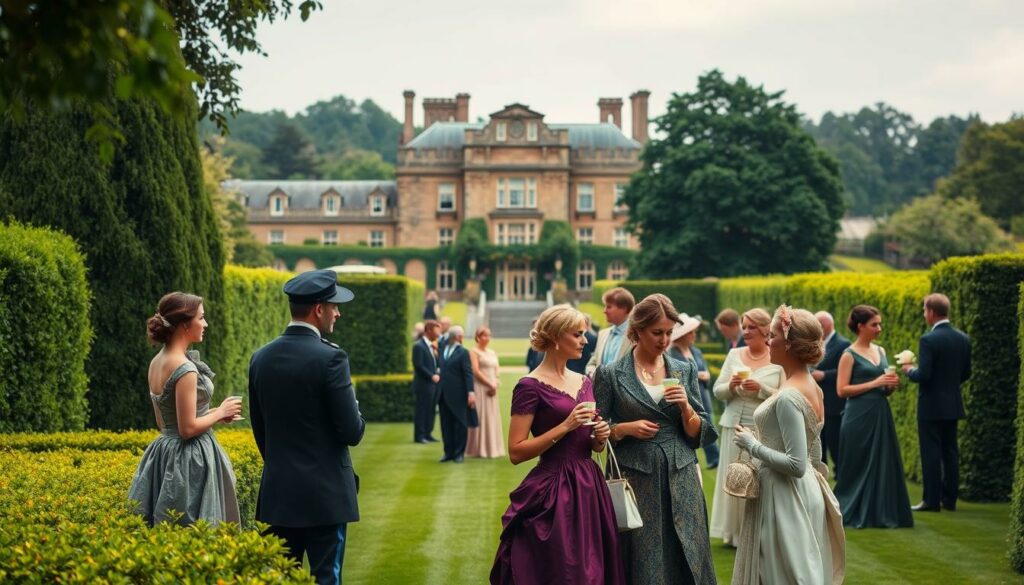 A lush, verdant garden party set in the English countryside, with towering hedges and manicured lawns. In the foreground, elegant nobility in opulent 19th-century attire converse and sip tea, their faces alight with intrigue and anticipation. In the middle ground, a grand manor house looms, its ornate architecture and glimmering windows suggesting the opulent world of the Bridgertons. The background is bathed in soft, warm light, hinting at the romantic, high-society drama that unfolds within.